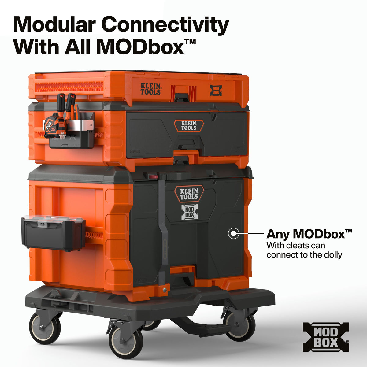 Klein Tools 54828MB MODbox dolly connecting to a MODbox with cleats