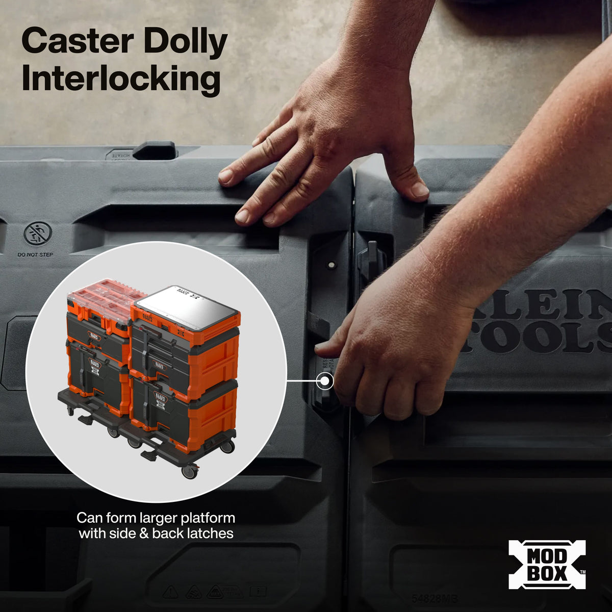 Klein Tools 54828MB MODbox dolly brake pedal holding it in place during loading