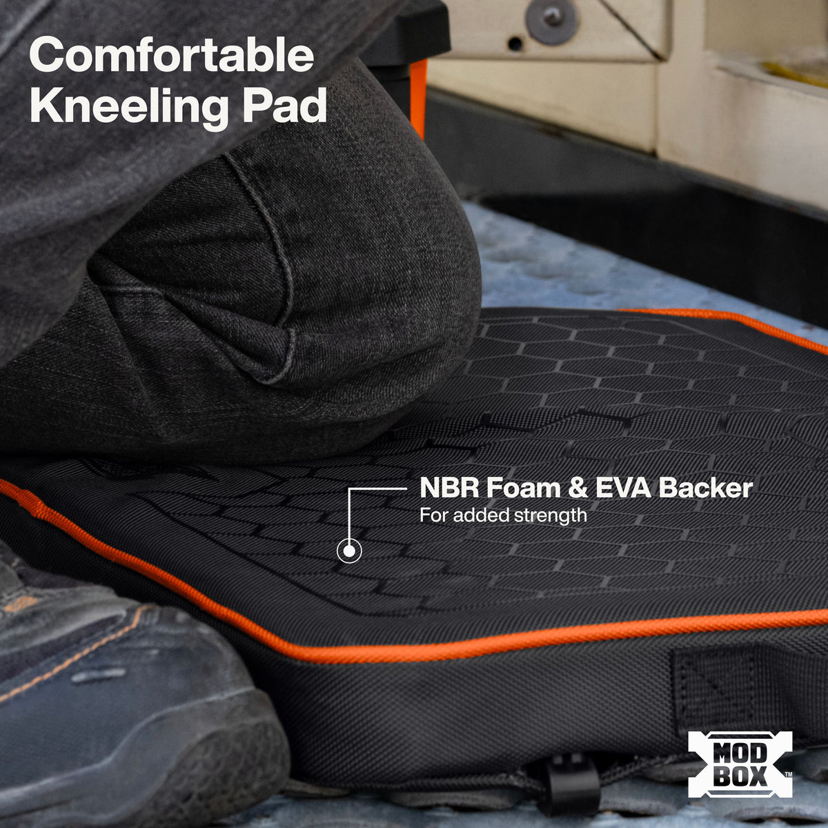 Klein Tools 54836MB kneeling pad elastic side straps hooking under MODbox rails