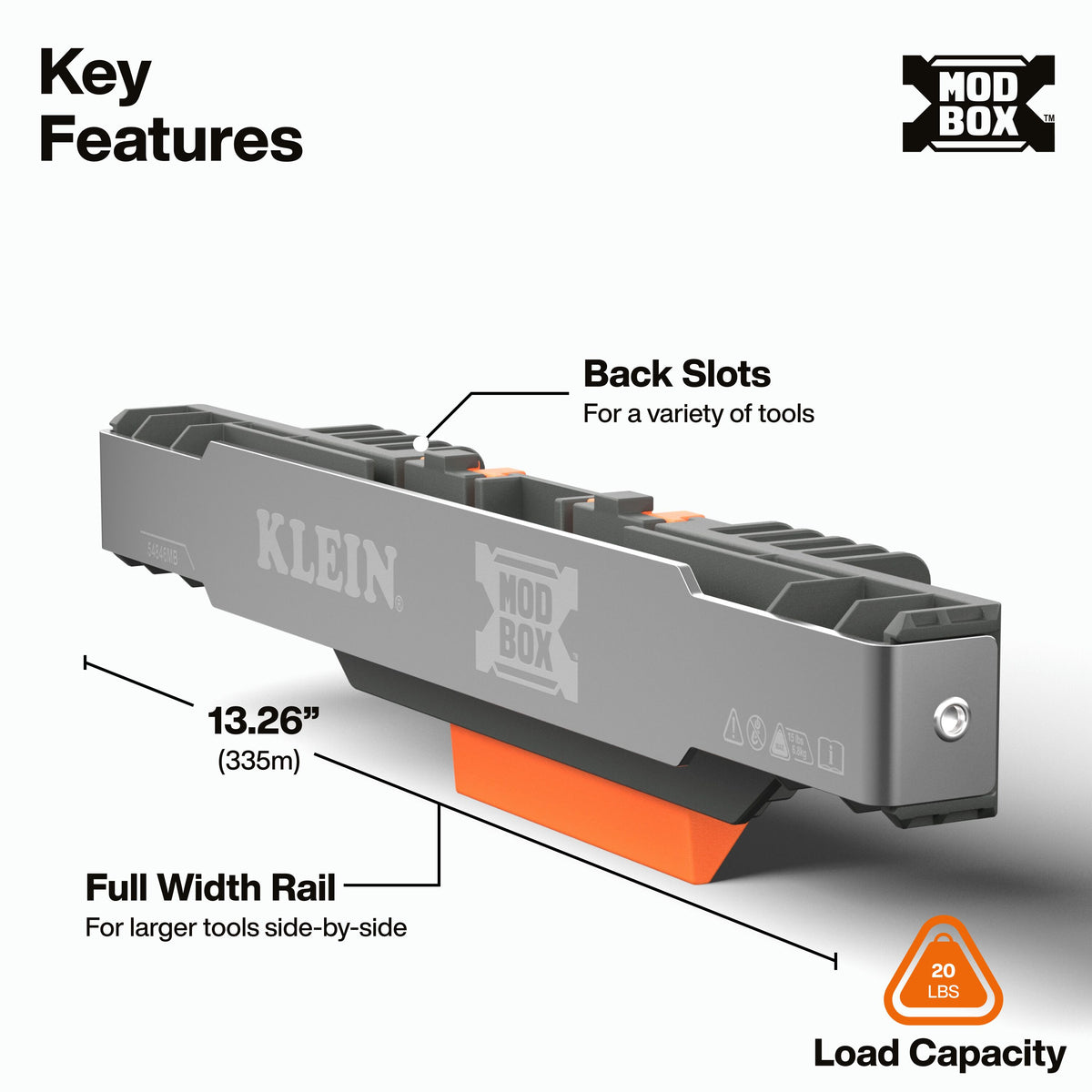 Klein Tools 54846MB MODbox tool carrier holding two power tools side by side on the rail