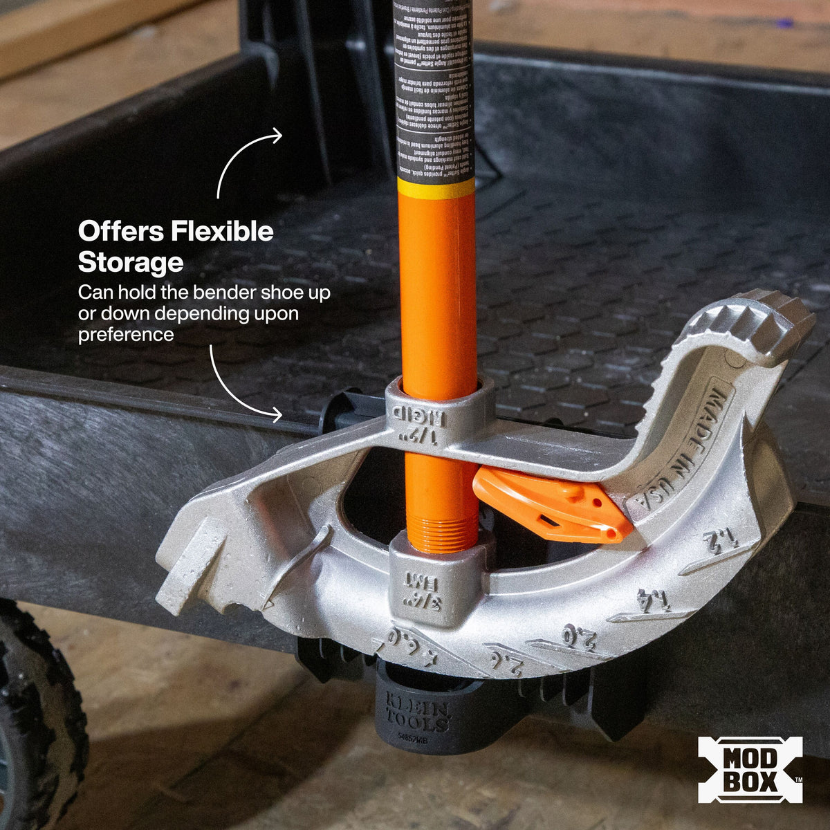 Klein MODbox conduit bender holder mounted on utility cart rail