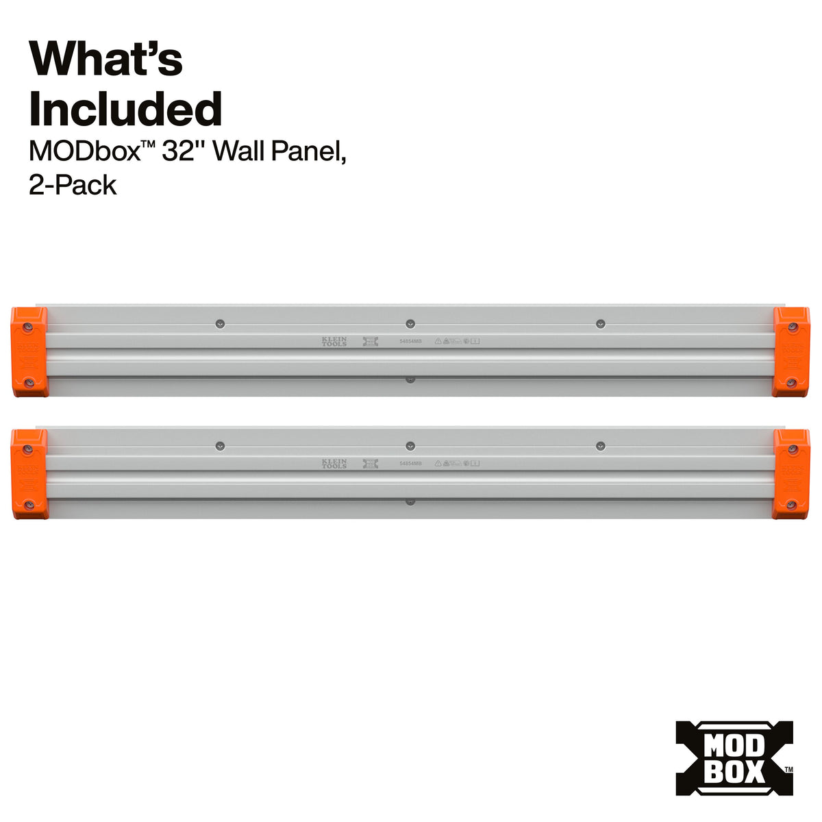 Klein Tools MODbox Wall System 32-Inch Panel 2-Pack (54854MB) panels mounted on a garage wall holding MODbox rail attachments