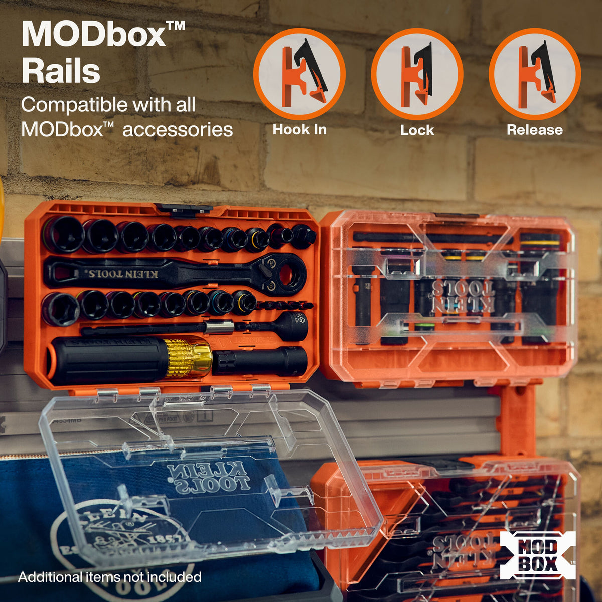 Klein Tools MODbox Wall System 16-Inch Panel 4-Pack (54855MB) interlocking panels forming a modular wall layout