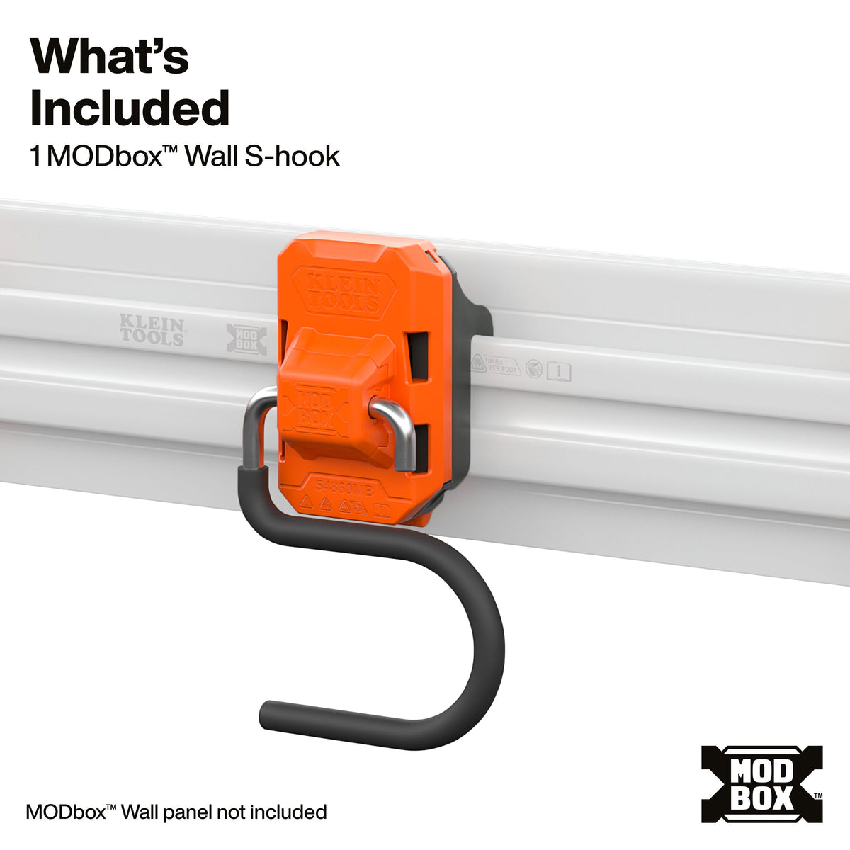 Klein Tools MODbox Wall System S-Hook (54860MB) holding long-handled tools such as shovels and brooms upright on a garage wall