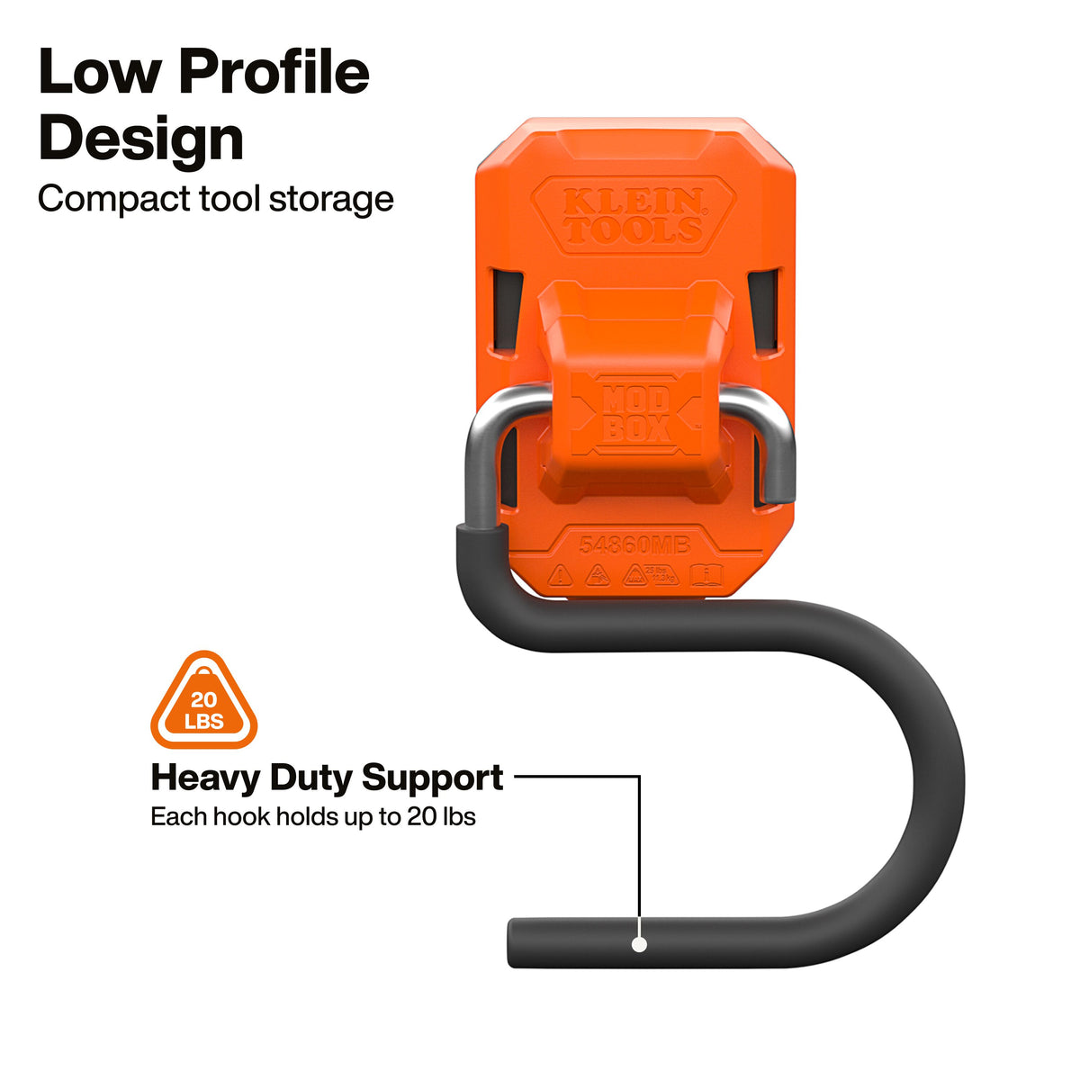 Klein Tools MODbox Wall System S-Hook (54860MB) storing yard tools in a shop or trailer