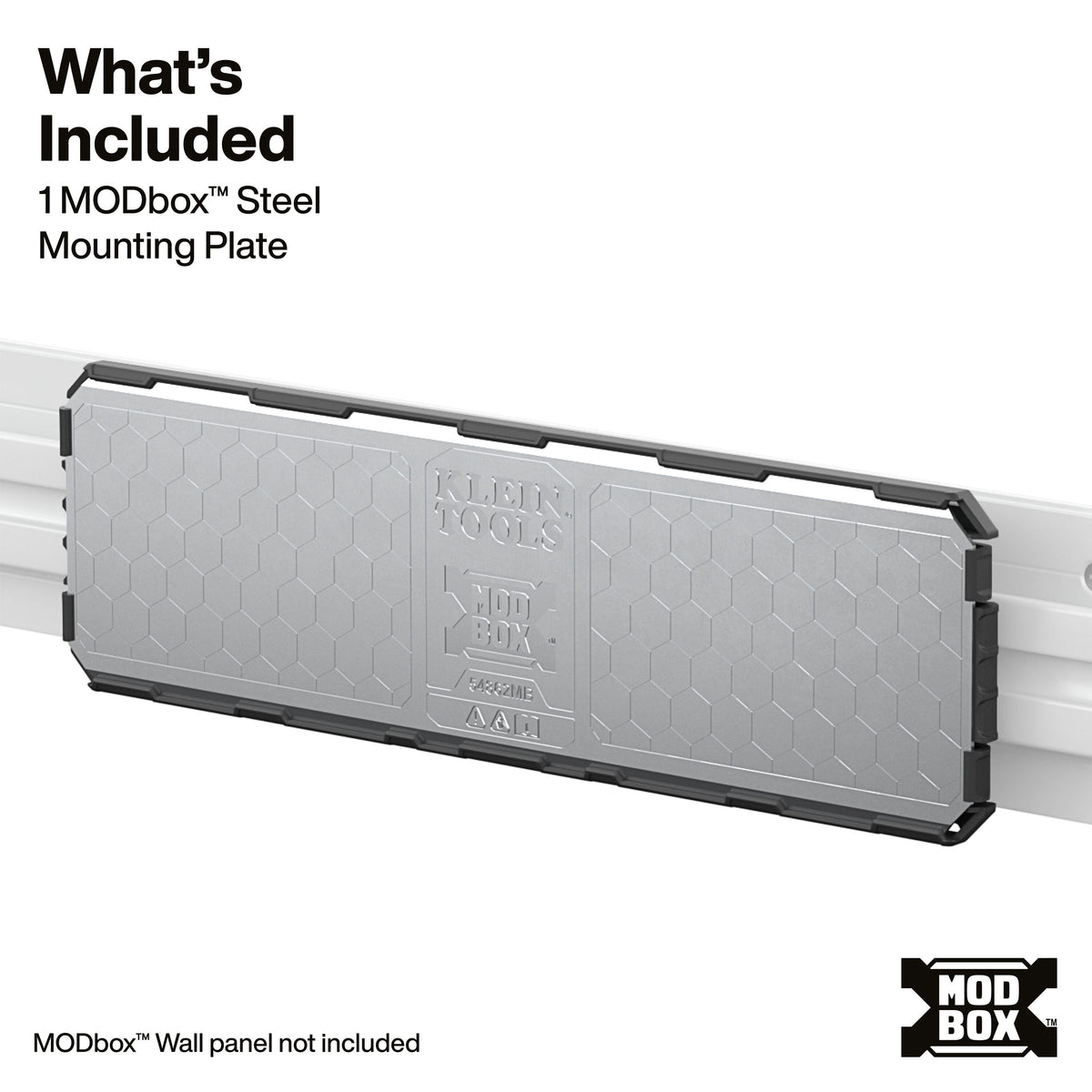 Klein Tools MODbox Wall System Steel Mount (54862MB) holding magnetic work lights and accessories on a garage wall