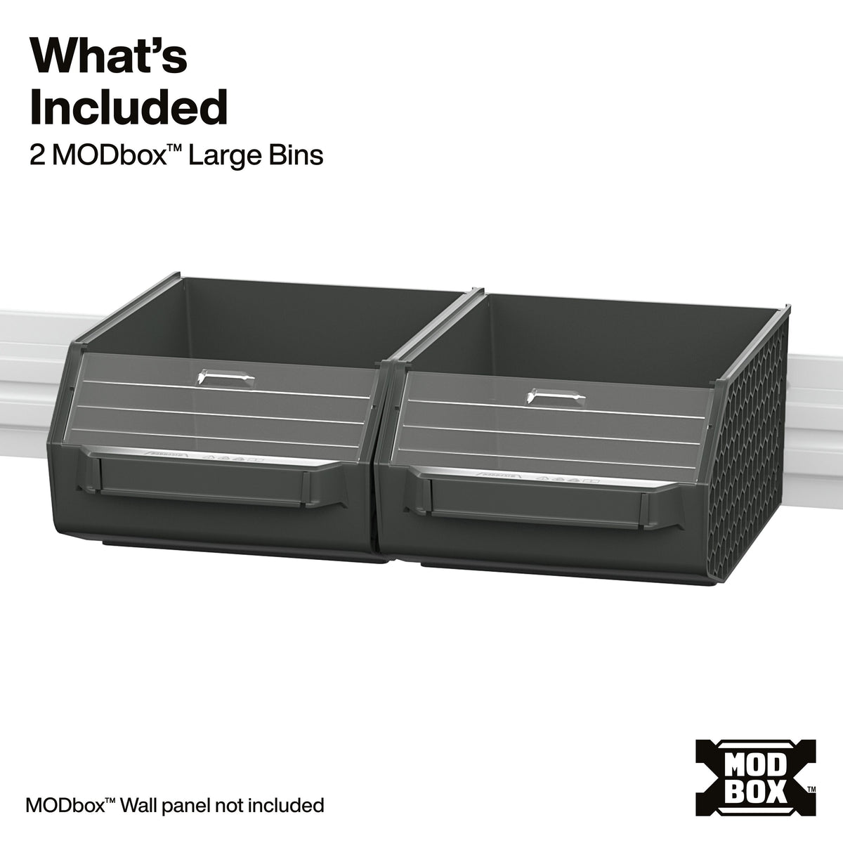 Klein Tools MODbox Wall System Large Bin 2-Pack (54864MB) clear window keeping bulk fasteners visible on a garage wall