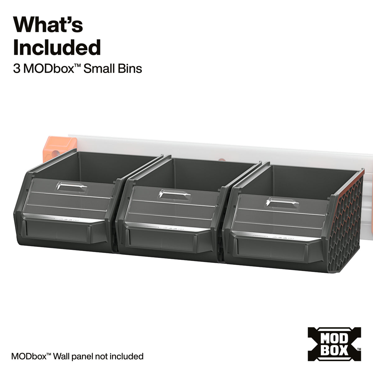 Klein Tools MODbox Wall System Small Bin 3-Pack (54865MB) organizing screws, bits and small accessories on a MODbox wall