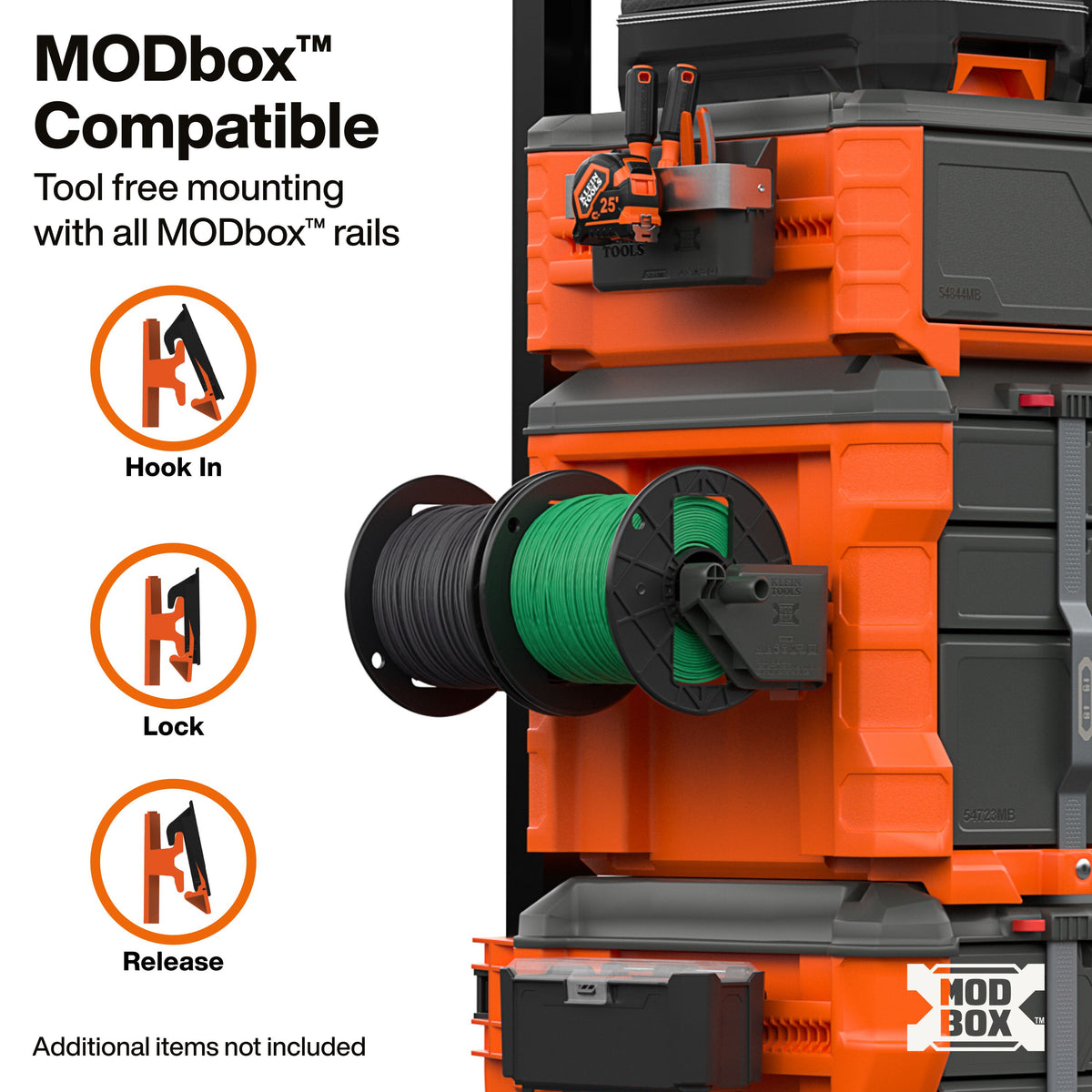 Klein Tools MODbox Spool Holder Rail Attachment (54866MB) stacked dispensers building a wire wall