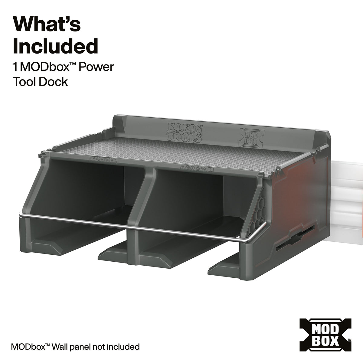 Klein Tools MODbox Wall System Power Tool Dock (54867MB) holding cordless drills and impact drivers upright on a MODbox wall