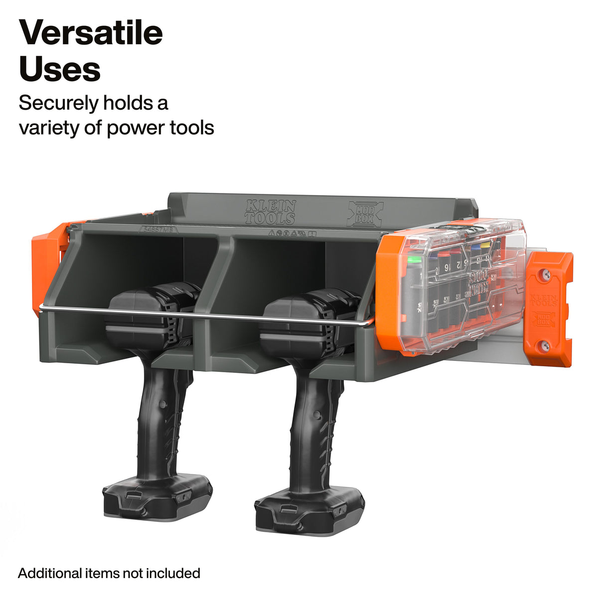 Klein Tools MODbox Wall System Power Tool Dock (54867MB) securing power tools during transport in a van