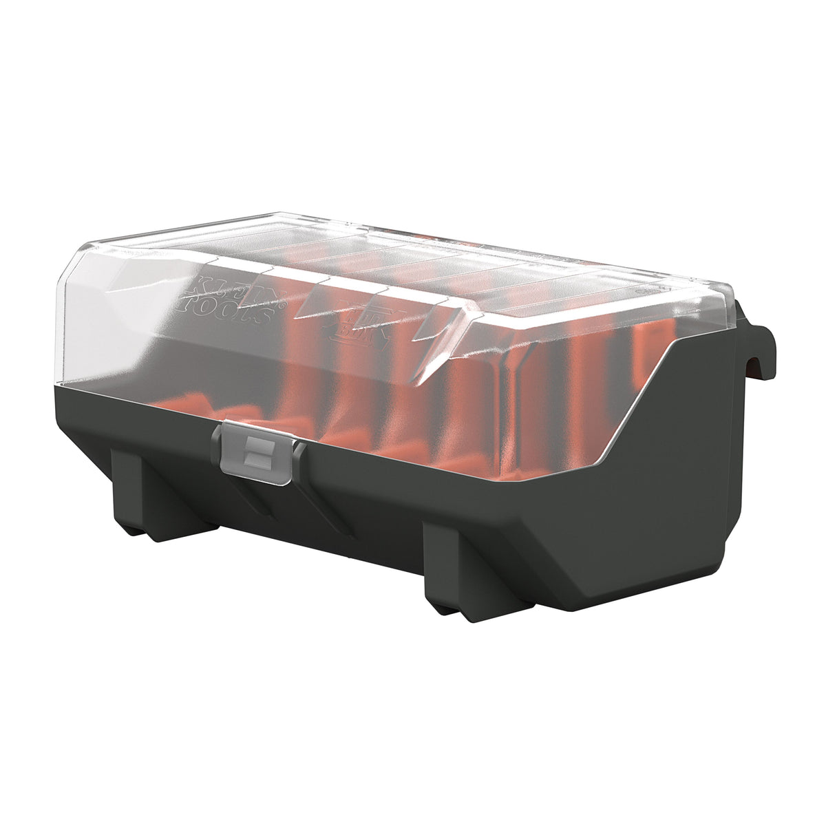 Klein Tools MODbox Electrical Tape Holder Rail Attachment (54874MB) gray and orange electrical tape holder with clear lid
