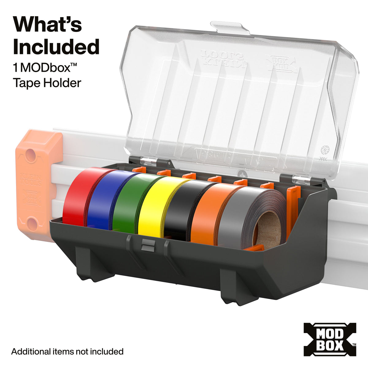 Klein Tools MODbox Electrical Tape Holder Rail Attachment (54874MB) holding eight rolls of colored electrical tape