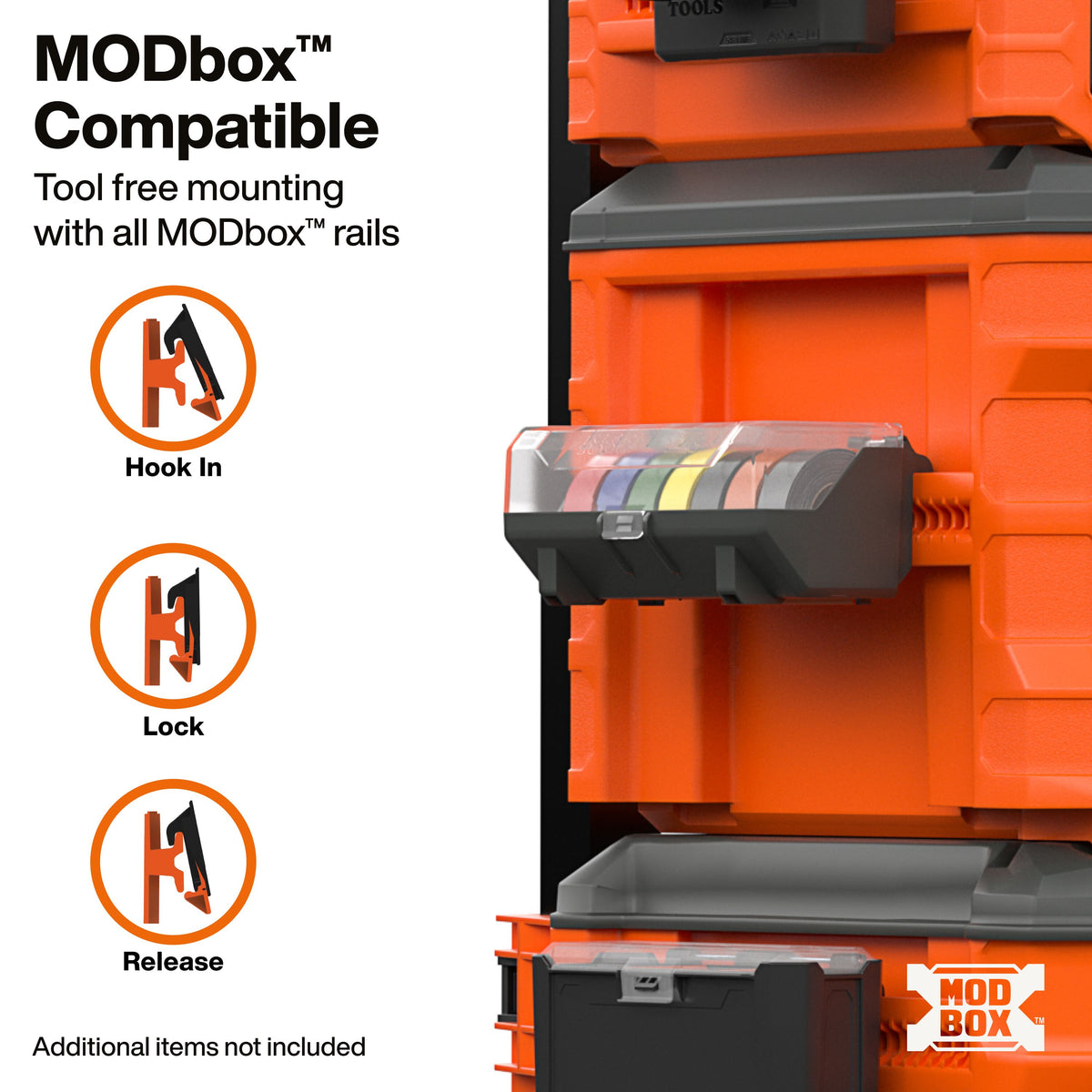 Klein Tools MODbox Electrical Tape Holder Rail Attachment (54874MB) clear lid showing tape colors at a glance