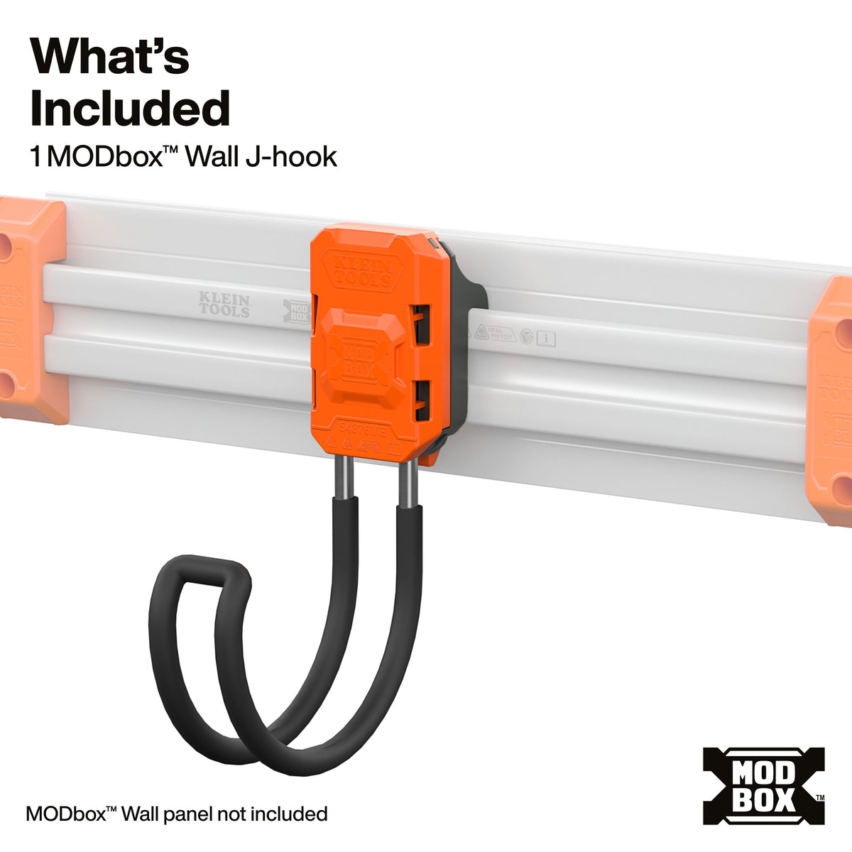 Klein Tools MODbox Wall System J-Hook (54876MB) holding a coiled extension cord on a garage wall