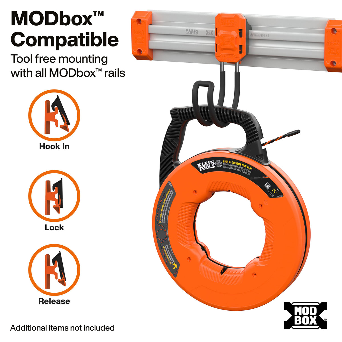 Klein Tools MODbox Wall System J-Hook (54876MB) storing a garden hose on a MODbox wall panel