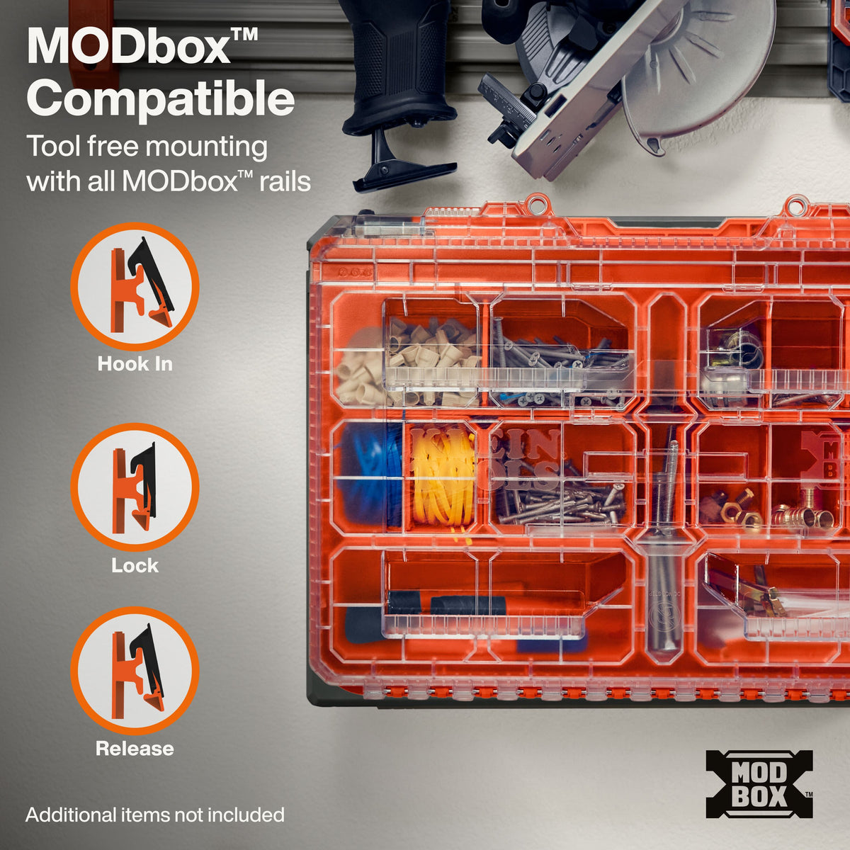 Klein Tools MODbox Wall and Floor Mounting Plate (54879MB) mounted vertically on a garage wall holding a MODbox toolbox