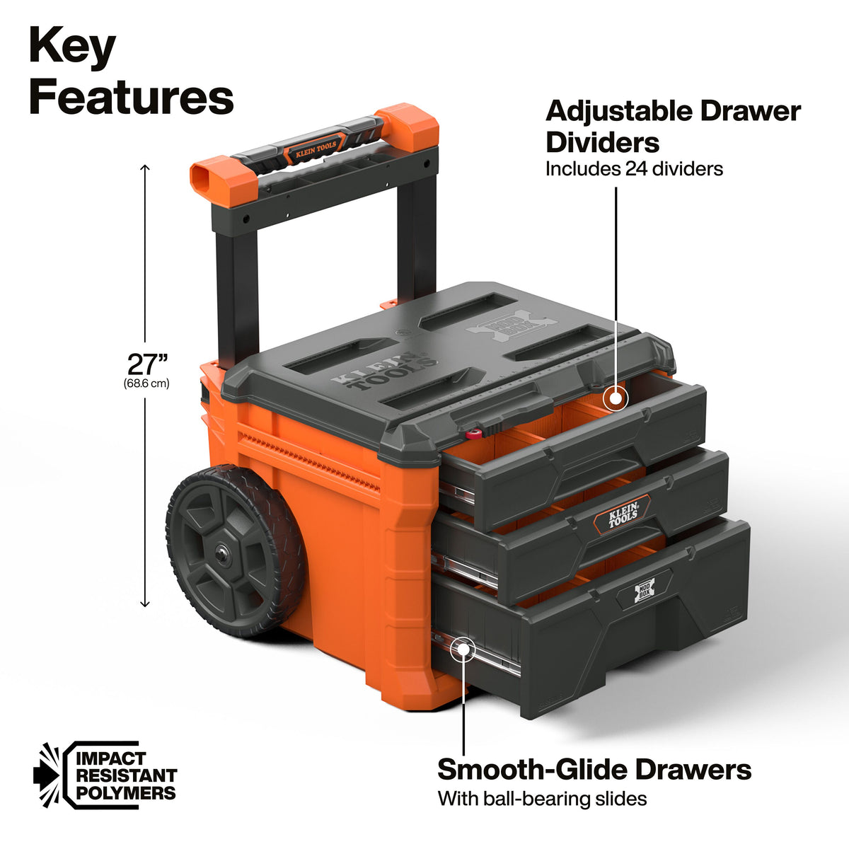 Klein Tools MODbox Three Drawer Rolling Toolbox (54890MB) large lower drawer holding bulky power tools
