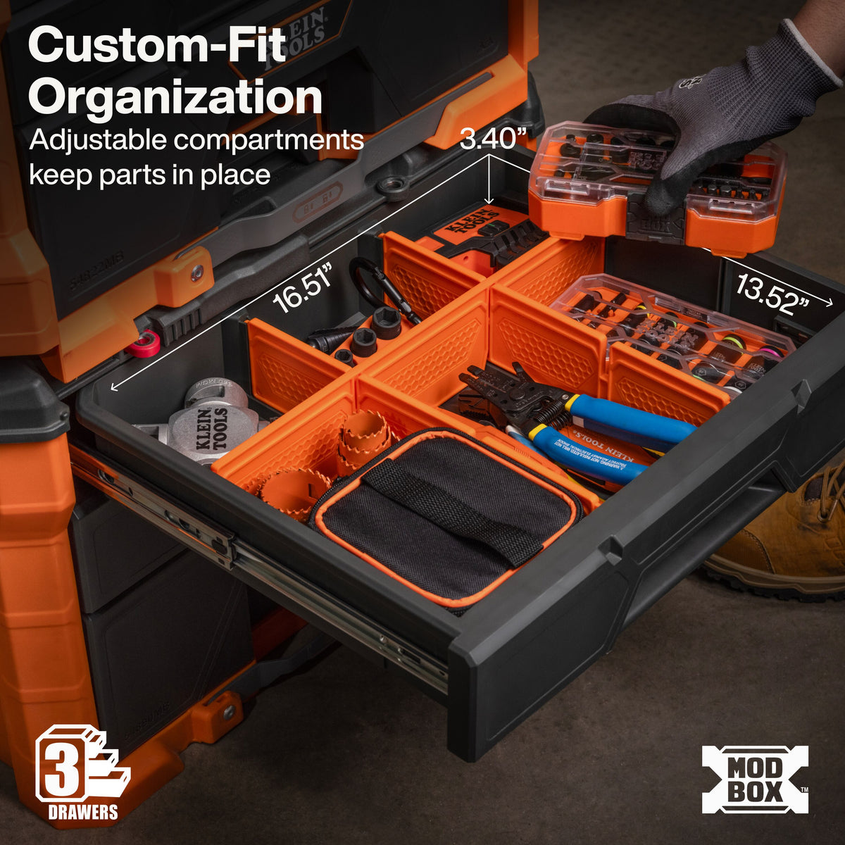 Klein Tools MODbox Three Drawer Rolling Toolbox (54890MB) compact top drawers for accessories and batteries