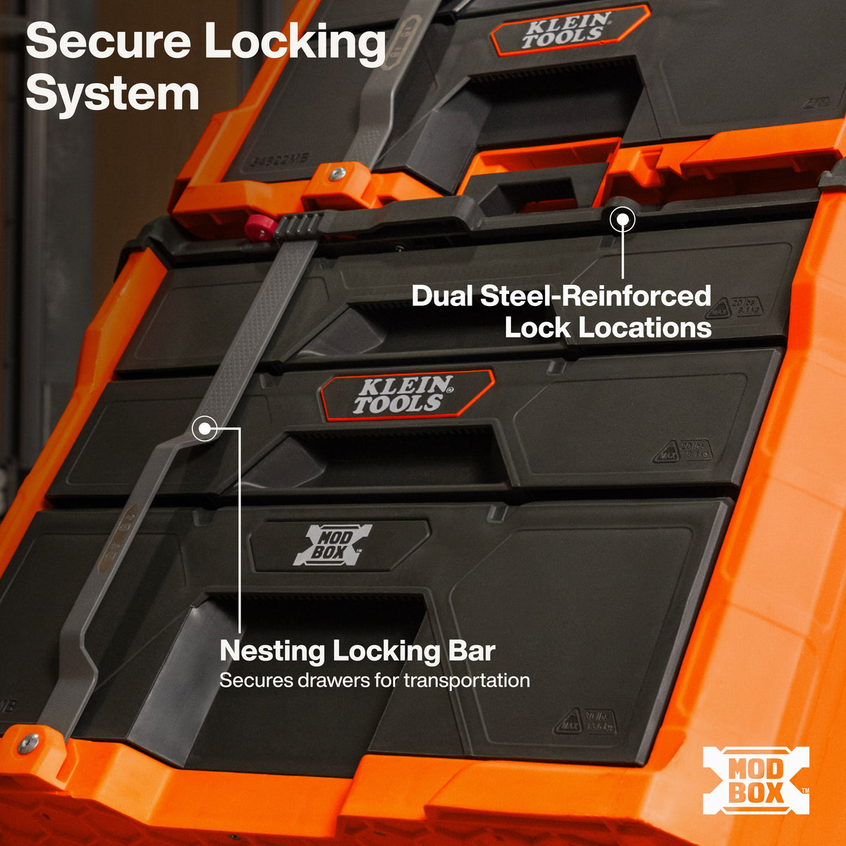 Klein Tools MODbox Three Drawer Rolling Toolbox (54890MB) 10-inch rubber wheels rolling over rough jobsite terrain