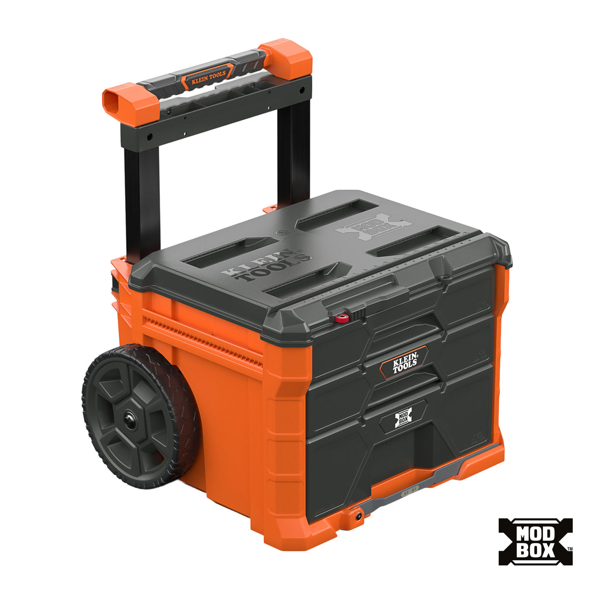 Klein Tools MODbox Three Drawer Rolling Toolbox (54890MB) orange three-drawer rolling toolbox with telescoping handle and 10-inch wheels