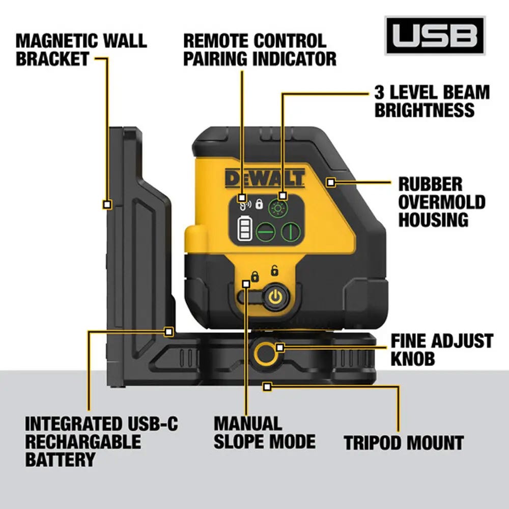 DeWalt DCLE14201G USB Rechargeable Green Cross Line Laser Kit