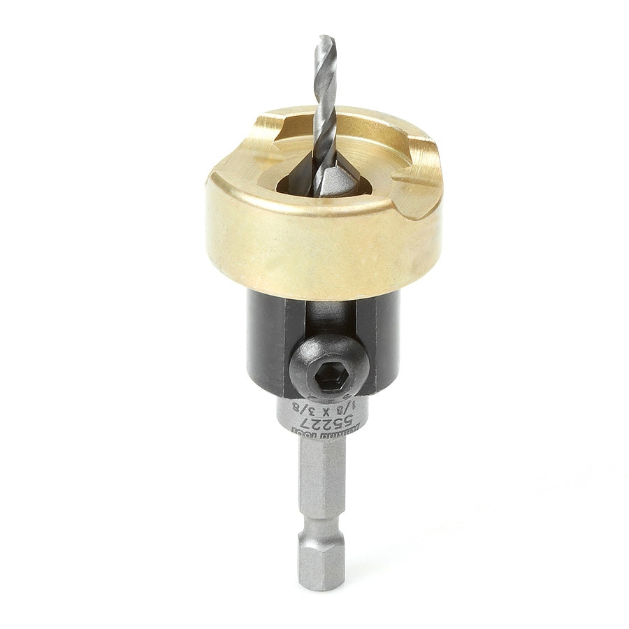 Amana Tools 55227 82 Degree Carbide Tipped Countersink, 3/8 in. Dia. x 1/8 in. Drill Dia. x 1/4 in. Quick-Release Hex Shank