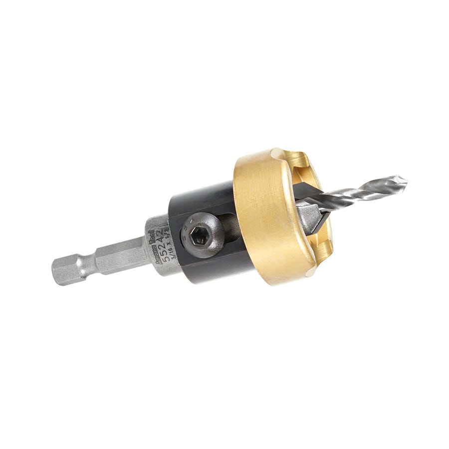Amana Tools 55242 82 Degree Carbide Tipped Countersink, 3/8 in. Dia. x 3/16 in. Drill Dia. x 1/4 in. Quick-Release Hex Shank