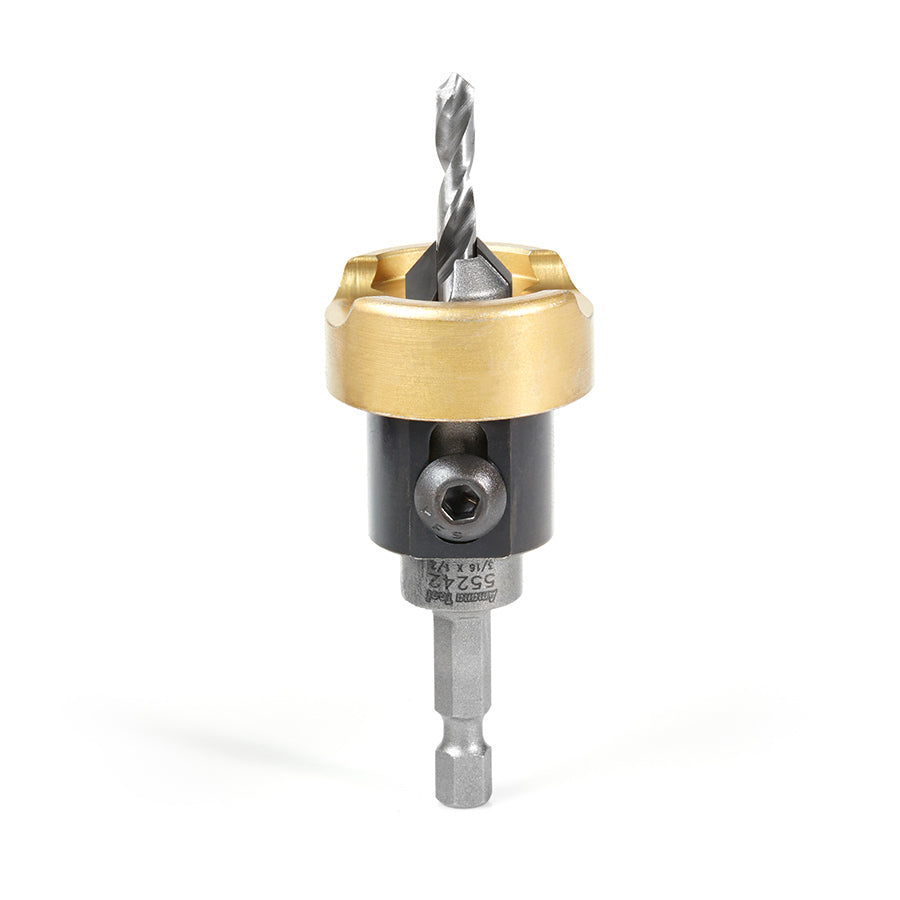 Amana Tools 55242 82 Degree Carbide Tipped Countersink, 3/8 in. Dia. x 3/16 in. Drill Dia. x 1/4 in. Quick-Release Hex Shank