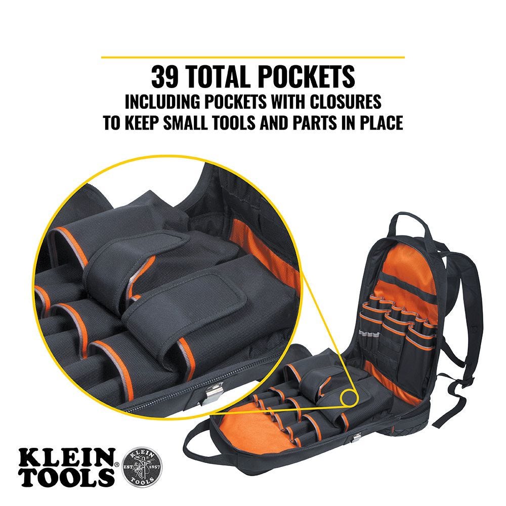 Klein 55421BP14 Tradesman Pro Tool Bag Backpack, 39 Pockets, Black, 14-Inch