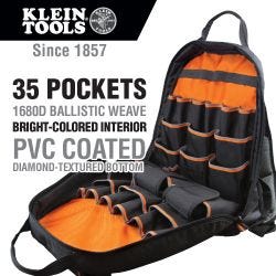 Klein Tools 55475 Tradesman Pro Tool Bag Backpack, 35 Pockets, Black, 17.5-Inch