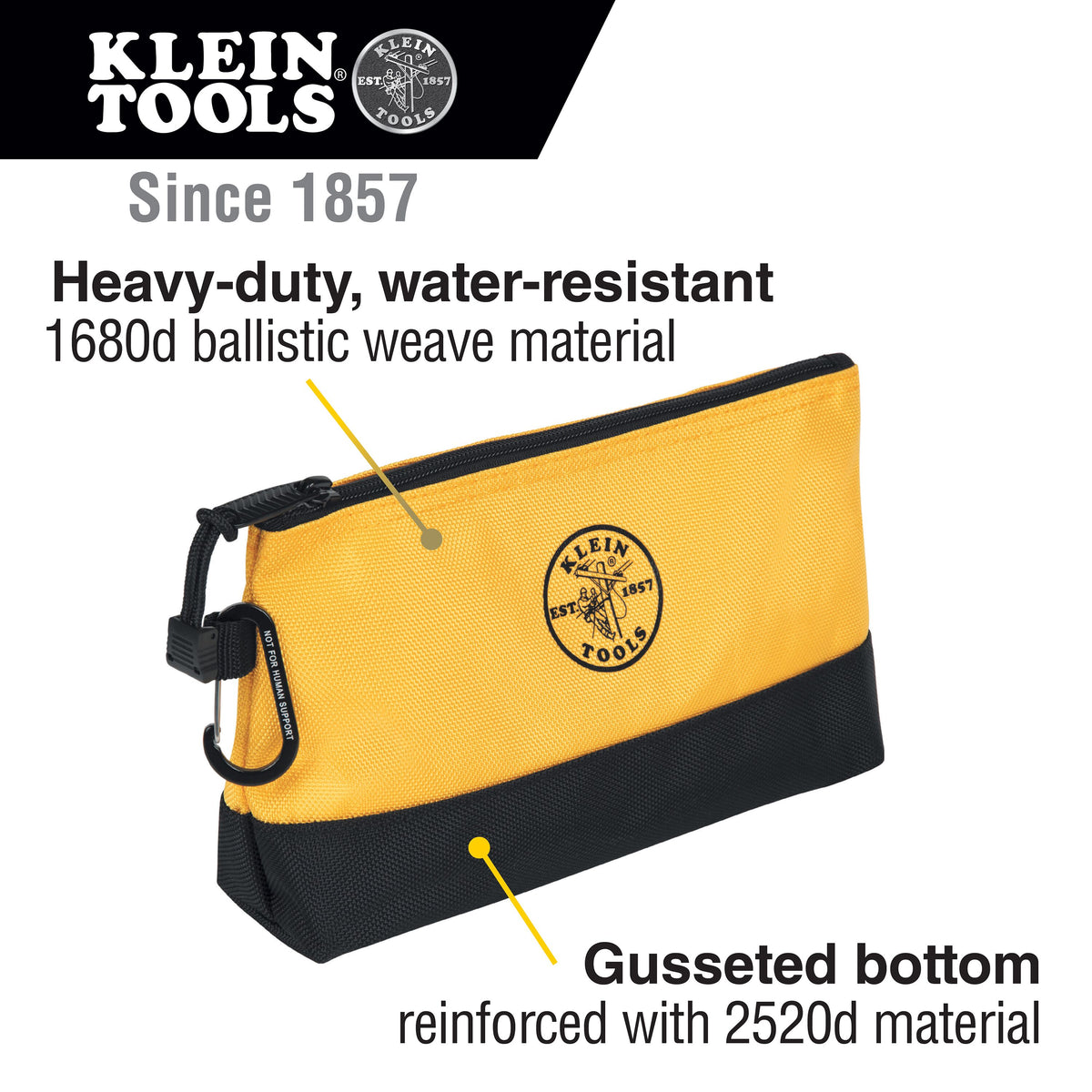 Klein stand-up zipper bag reinforced bottom and carabiner detail