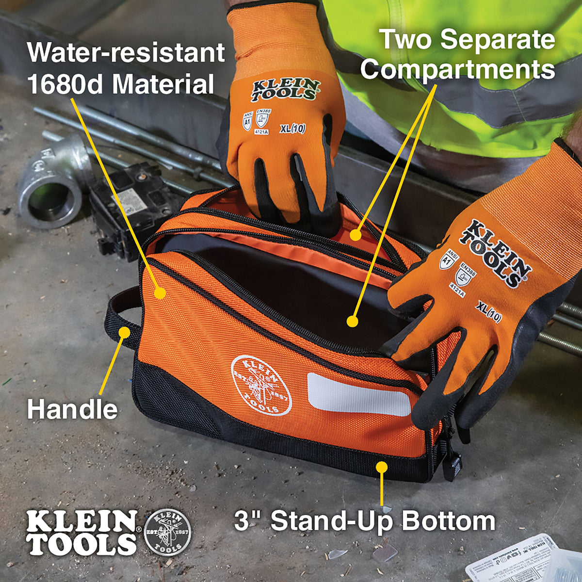 Klein orange double zipper bag two compartment detail
