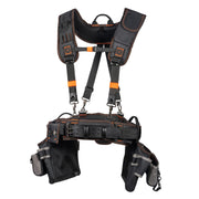 Klein Tools 55896 tool rig with padded suspenders and 23 pockets in black and orange