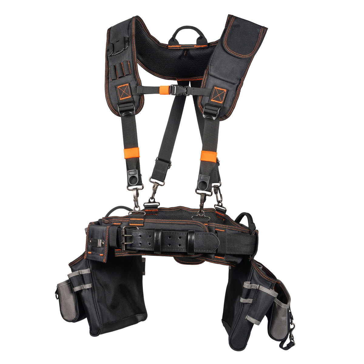 Klein Tools 55896 tool rig with padded suspenders and 23 pockets in black and orange