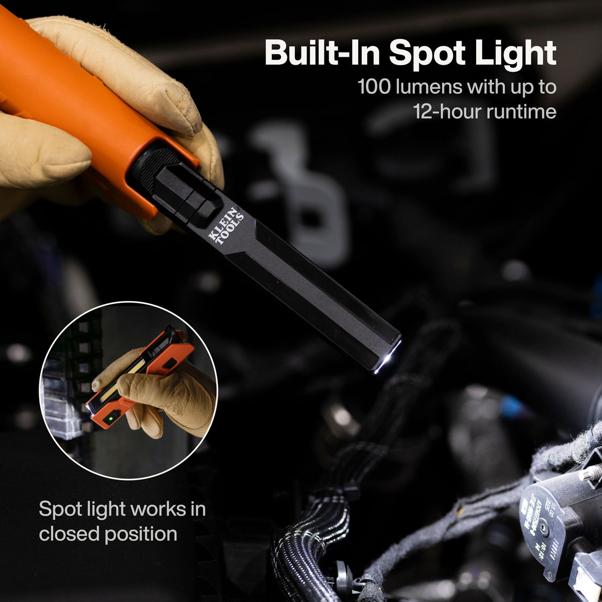 Klein Tools 56073 work light built-in 100-lumen spotlight working in the closed position