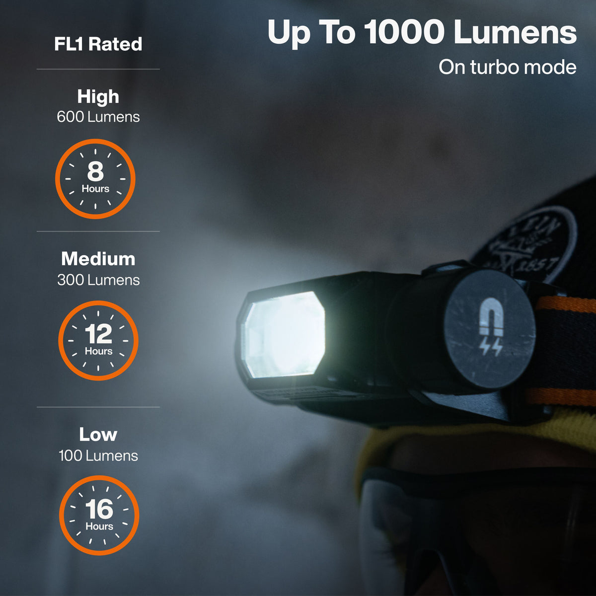Klein Tools 56078 headlamp turbo, high, medium and low lighting modes