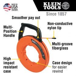 Klein Tools 56382 Multi-Groove Fiberglass Fish Tape with Nylon Tip, 50-Foot