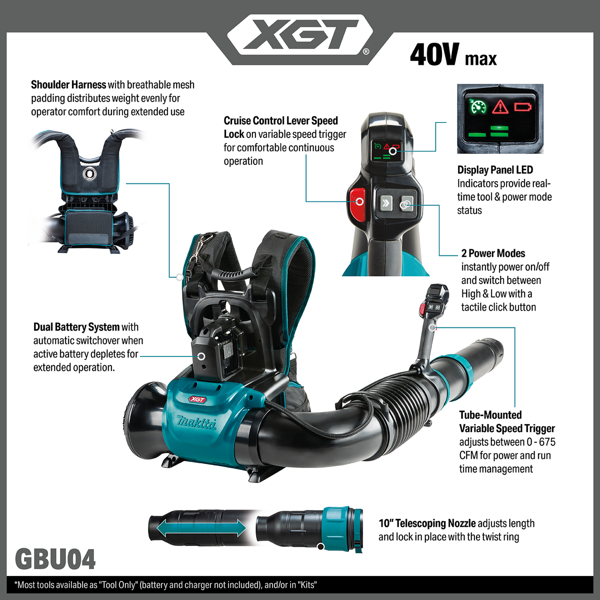 Makita 40V max XGT Brushless Backpack Blower (GBU04Z) - features and dimensions callout 32