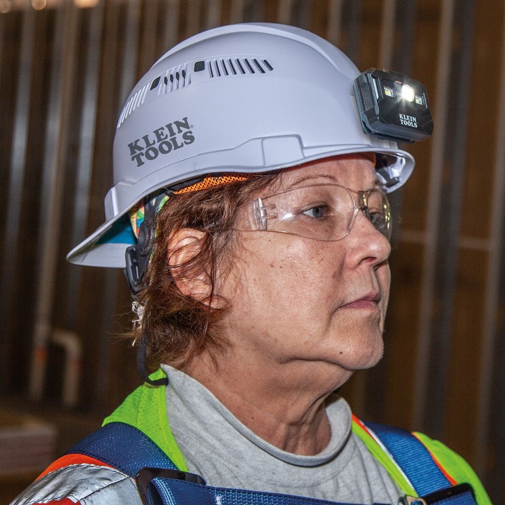 Klein 60113RL Hard Hat, Vented, Cap Style with Rechargeable Headlamp, White