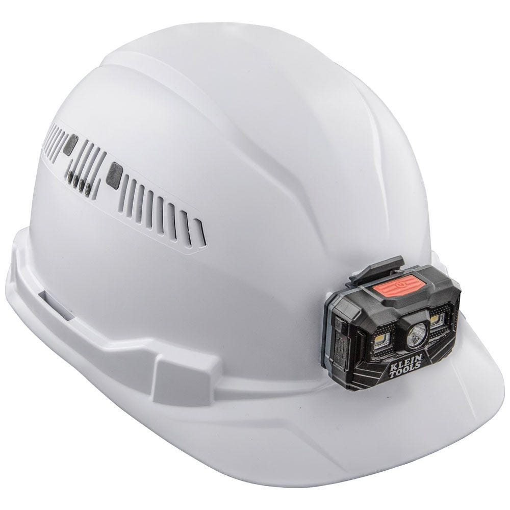 Klein 60113RL Hard Hat, Vented, Cap Style with Rechargeable Headlamp, White