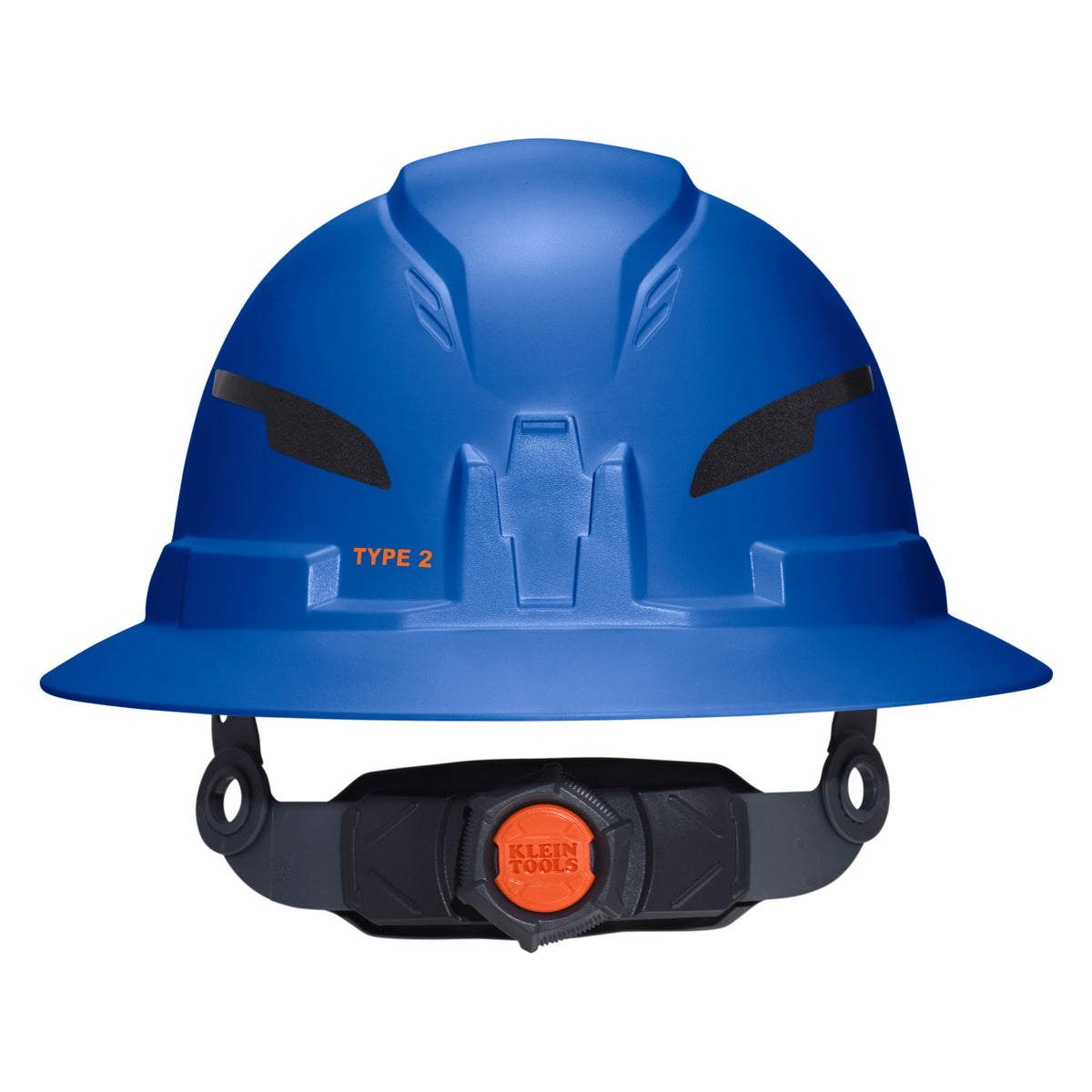 Klein Tools Class E Type-2 Hard Hat, Non-Vented Full Brim Style with Strap, Blue (60249T2) front angle view of the shell and brim