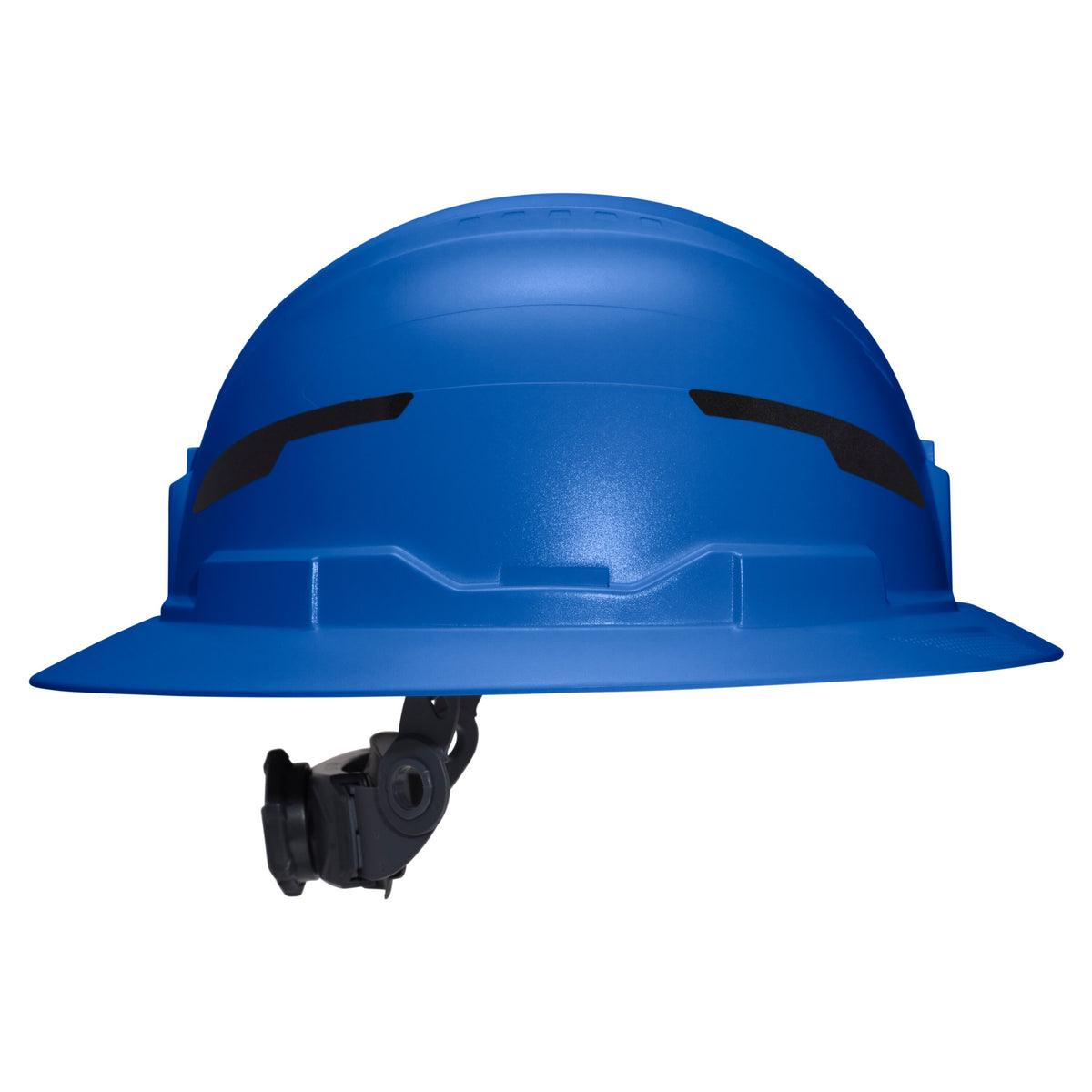 Klein Tools Class E Type-2 Hard Hat, Non-Vented Full Brim Style with Strap, Blue (60249T2) side view showing accessory slots and suspension