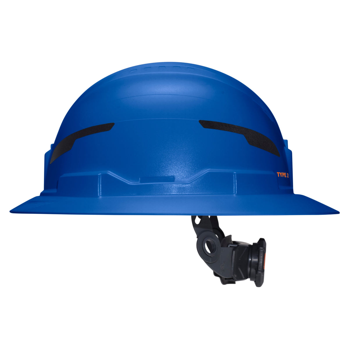 Klein Tools Class E Type-2 Hard Hat, Non-Vented Full Brim Style with Strap, Blue (60249T2) rear view with ratchet suspension adjustment