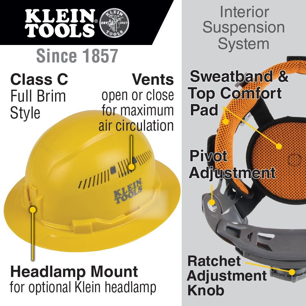 Klein 60262 Hard Hat, Vented, Full Brim Style, Yellow