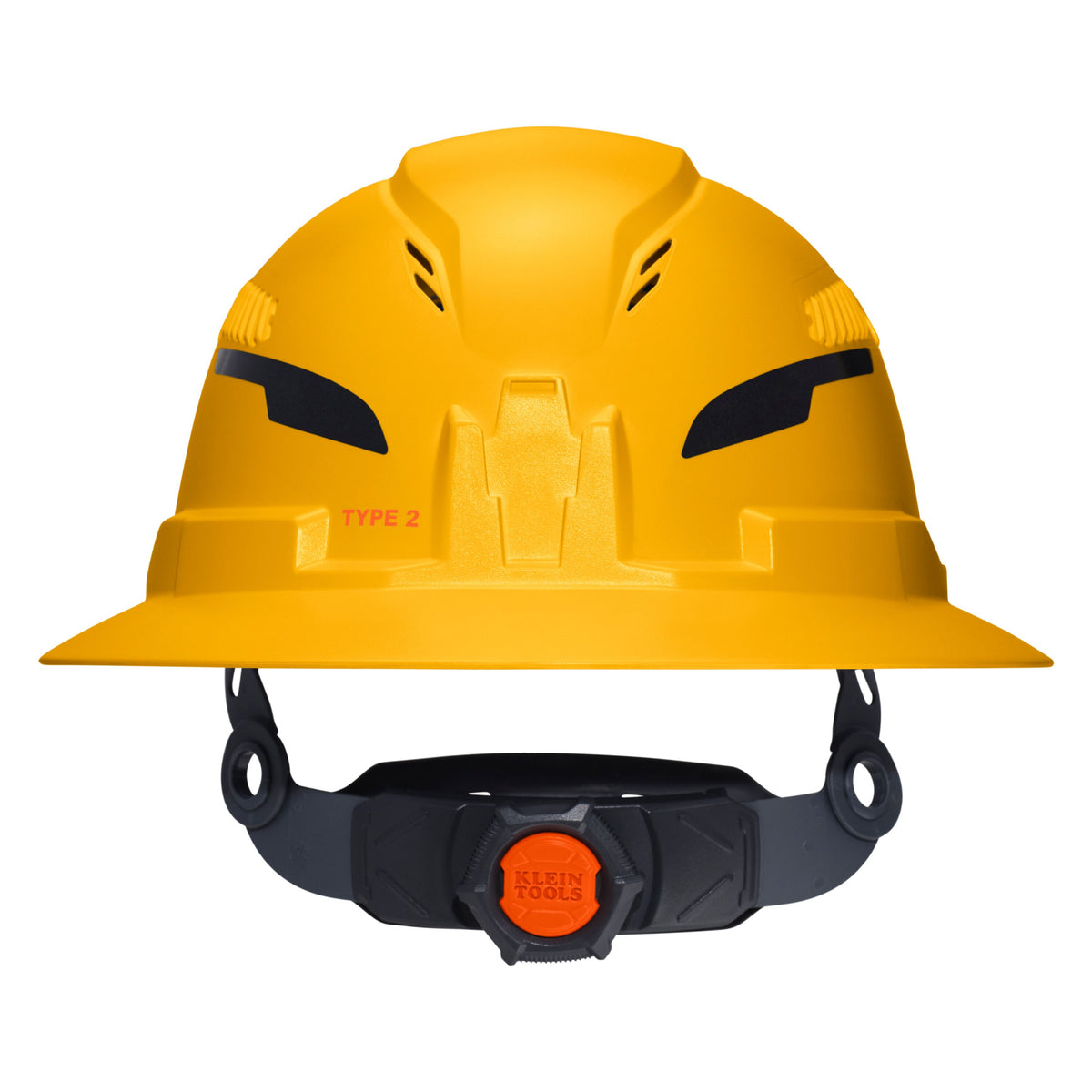 Klein Tools Class C Type-2 Hard Hat, Vented Full Brim with Strap, Yellow (60262T2) front angle view of the shell and brim