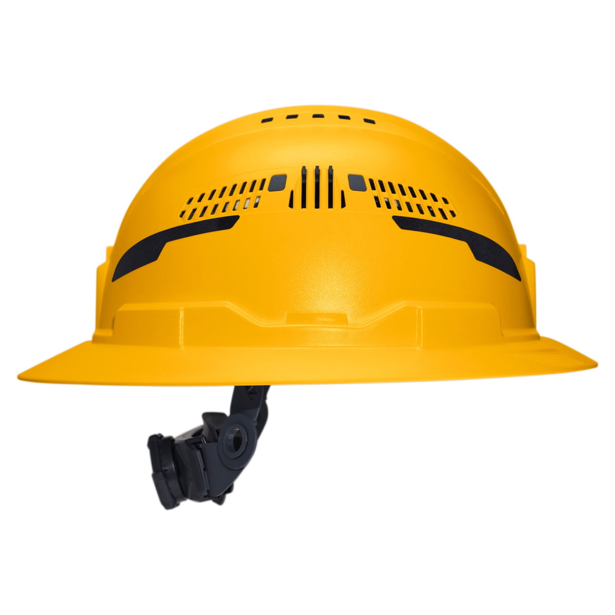 Klein Tools Class C Type-2 Hard Hat, Vented Full Brim with Strap, Yellow (60262T2) side view showing accessory slots and suspension