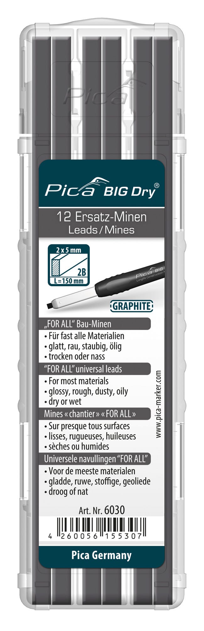 Pica BIG-Dry 6030 FOR ALL Universal Graphite Leads, 2B (12-Pack)
