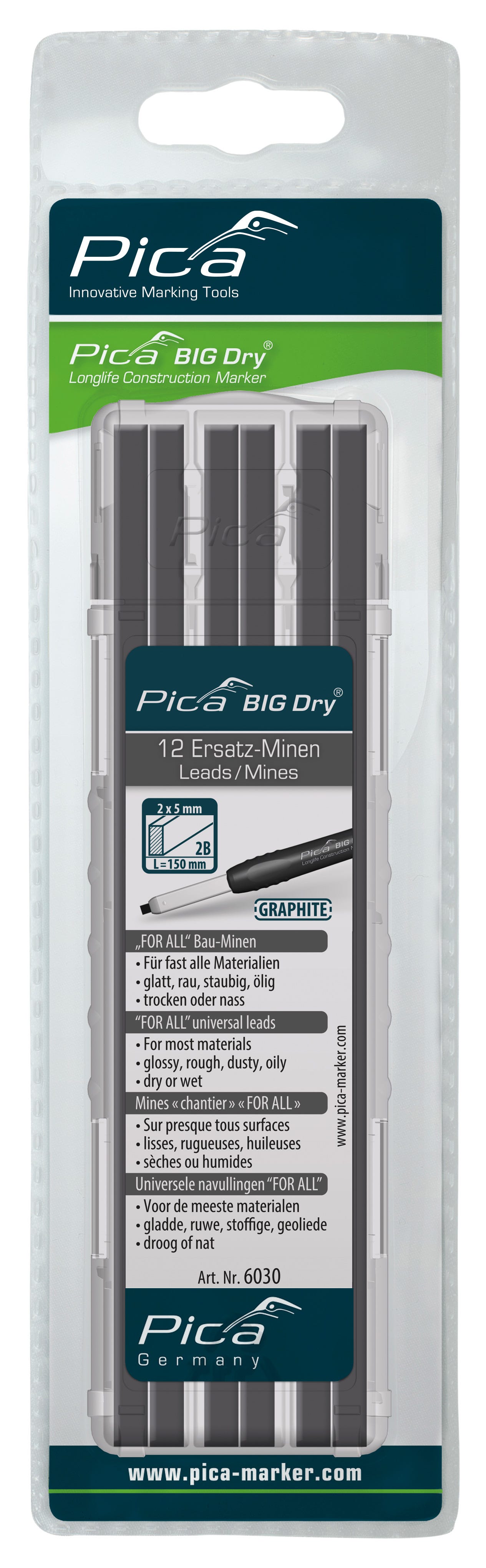 Pica BIG-Dry 6030 FOR ALL Universal Graphite Leads, 2B (12-Pack)