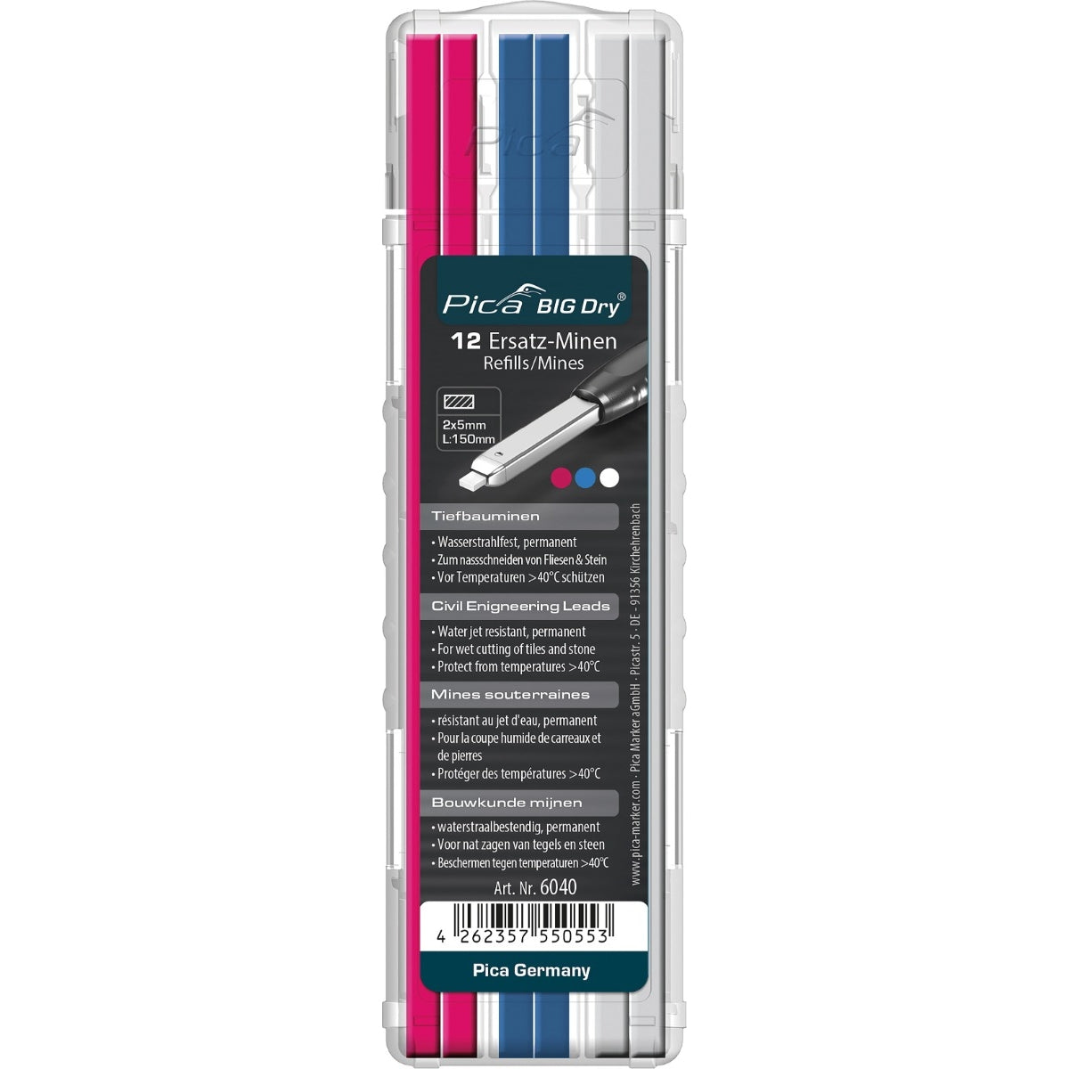 Pica Dry 6040 Big Dry Civil Engineering Leads, Pink/Blue/White (12-Pack)
